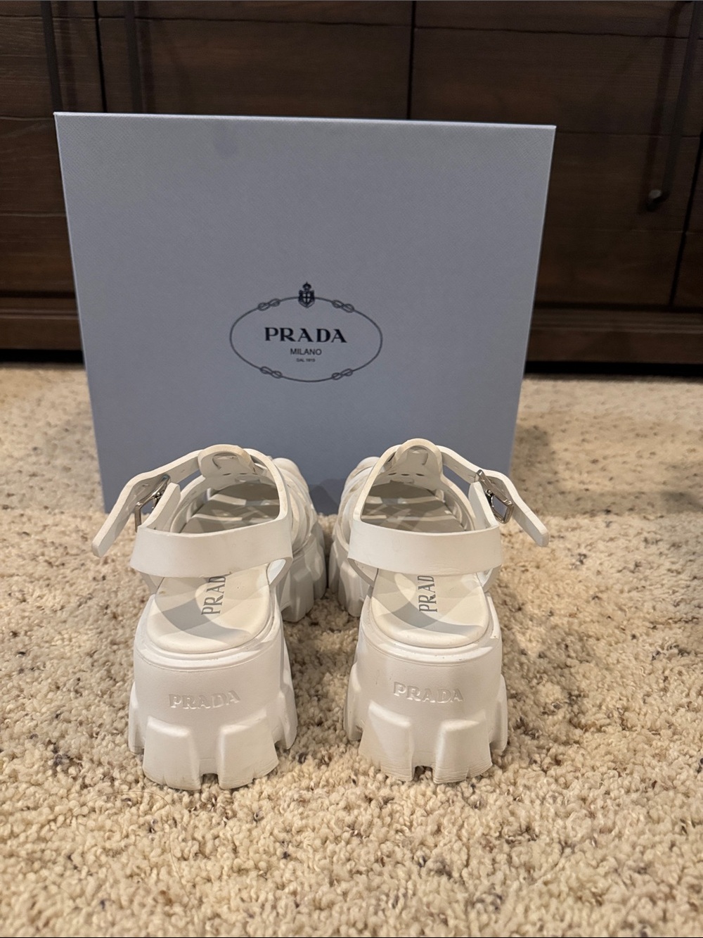 Prada Women’s White Chunky Fisherman Sandals with Logo Plaque - Picture 3 of 3